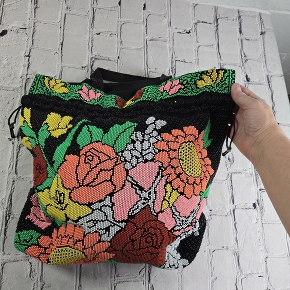 Vtg  60s neon plastic beaded floral drawstring hippie ethnic boho festival purse - Picture 6 of 10